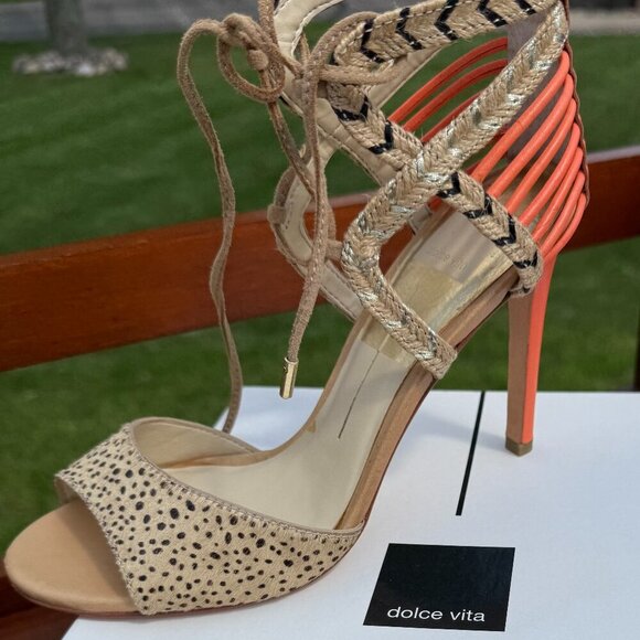 NEW Dolce Vita Hexen Lace Up Calf Hair Leopard Print Stilettos Cage Pumps/Heels - Picture 8 of 14